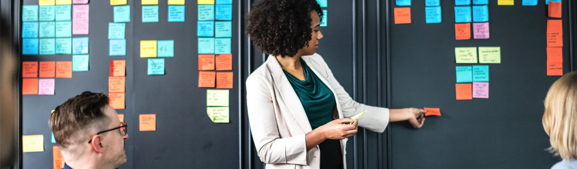 Team organizing ideas with sticky notes on a wall